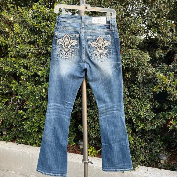 Miss Me Mid Rise EasyBoot Fleur Studded Y2K Blue Denim Jeans 26 - Picture 4 of 9